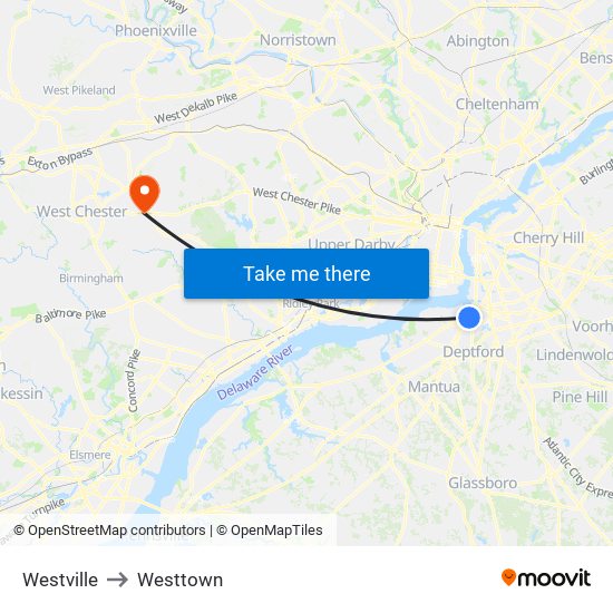 Westville to Westtown map