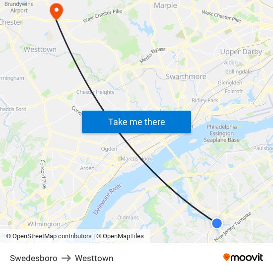 Swedesboro to Westtown map
