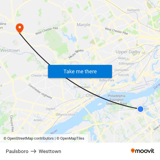 Paulsboro to Westtown map
