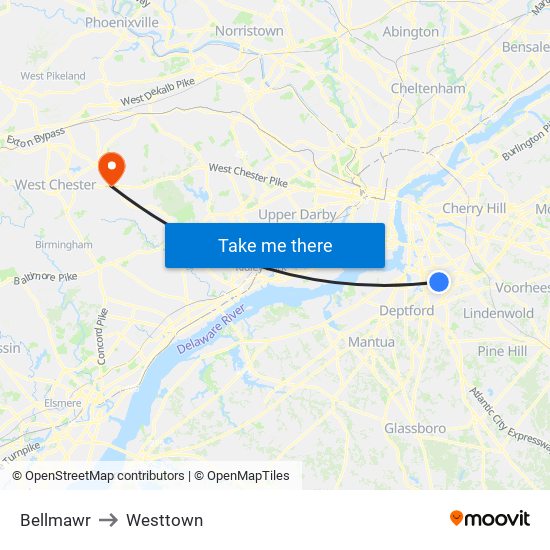 Bellmawr to Westtown map