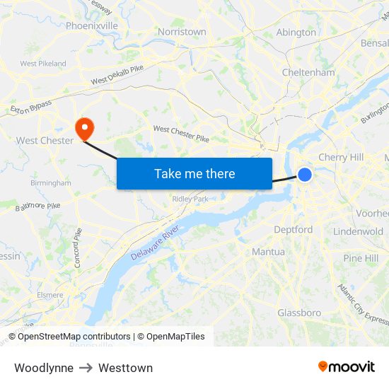 Woodlynne to Westtown map