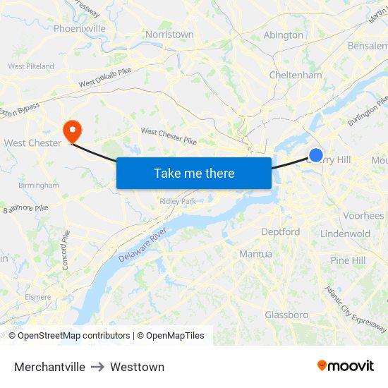 Merchantville to Westtown map