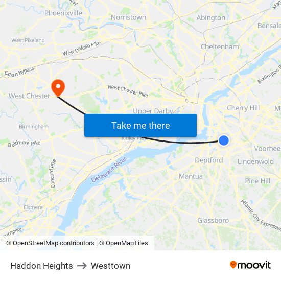 Haddon Heights to Westtown map