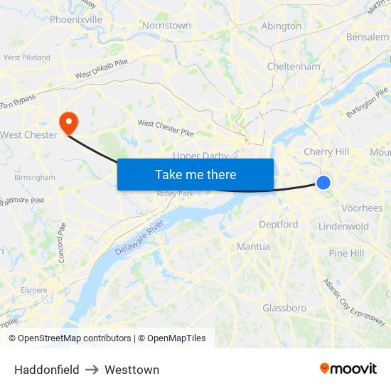 Haddonfield to Westtown map