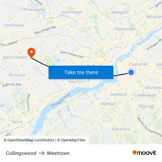 Collingswood to Westtown map