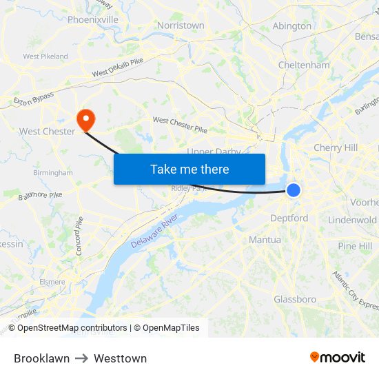 Brooklawn to Westtown map