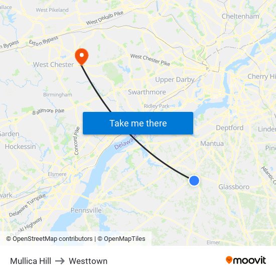 Mullica Hill to Westtown map