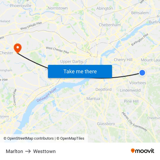 Marlton to Westtown map