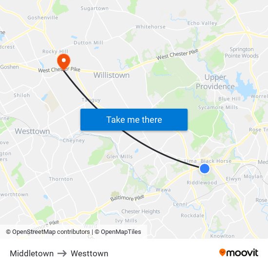 Middletown to Westtown map