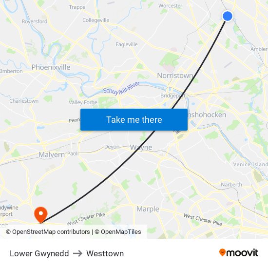 Lower Gwynedd to Westtown map