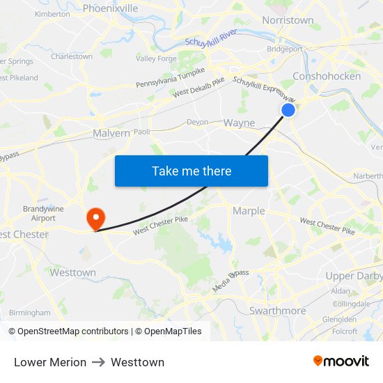 Lower Merion to Westtown map