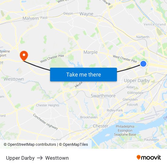 Upper Darby to Westtown map