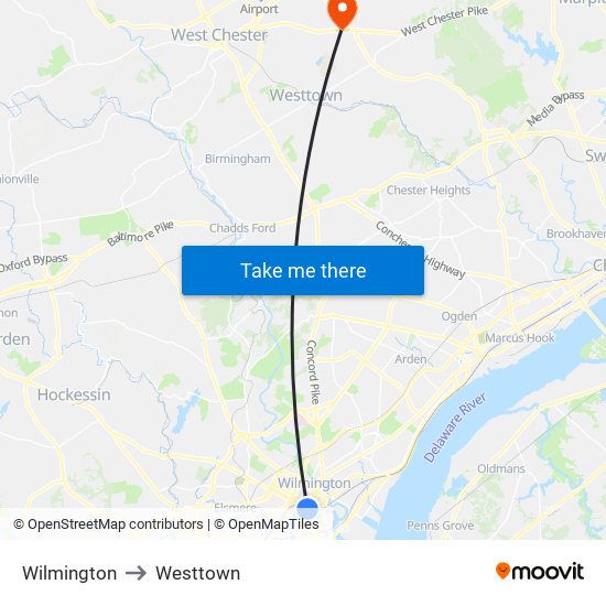 Wilmington to Westtown map