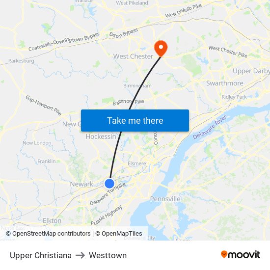 Upper Christiana to Westtown map