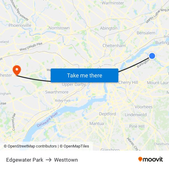 Edgewater Park to Westtown map