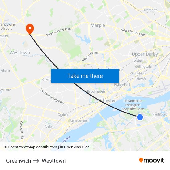 Greenwich to Westtown map