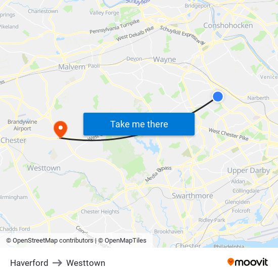 Haverford to Westtown map