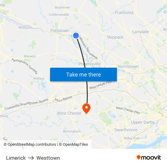 Limerick to Westtown map