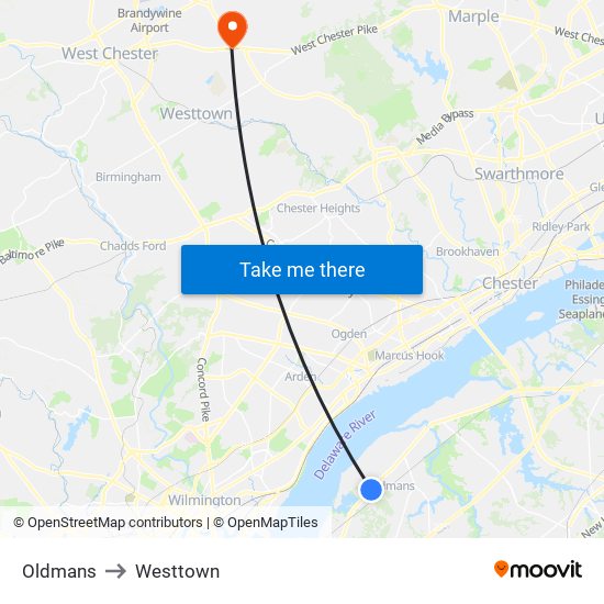 Oldmans to Westtown map
