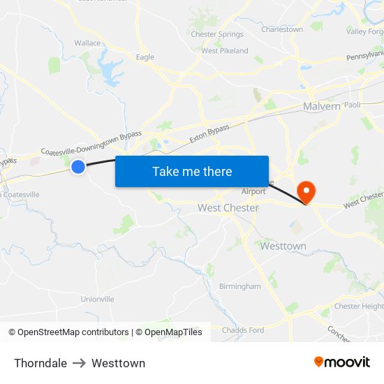 Thorndale to Westtown map