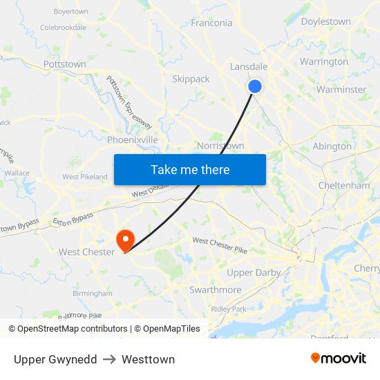 Upper Gwynedd to Westtown map