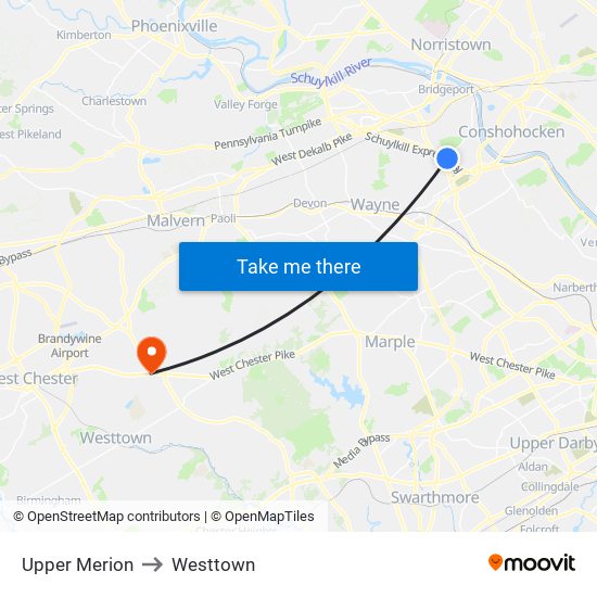 Upper Merion to Westtown map