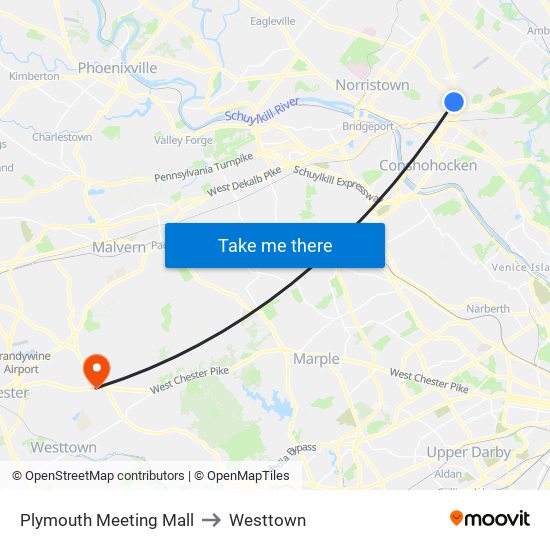 Plymouth Meeting Mall to Westtown map