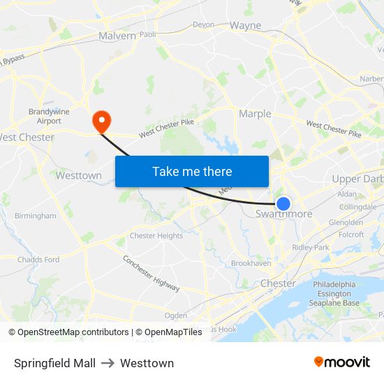 Springfield Mall to Westtown map