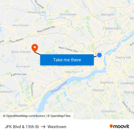 JFK Blvd & 15th St to Westtown map