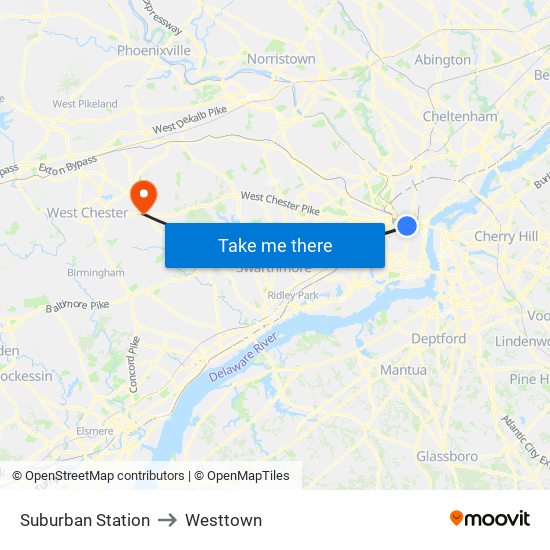 Suburban Station to Westtown map
