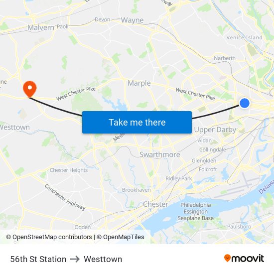 56th St Station to Westtown map