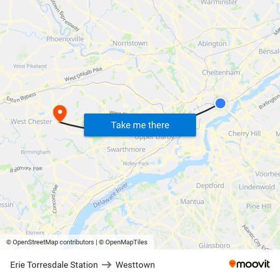 Erie Torresdale Station to Westtown map