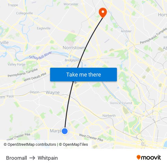 Broomall to Whitpain map