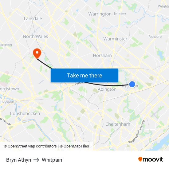 Bryn Athyn to Whitpain map