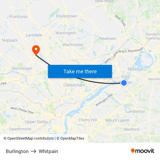 Burlington to Whitpain map