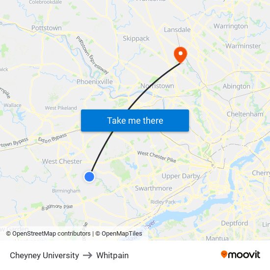 Cheyney University to Whitpain map