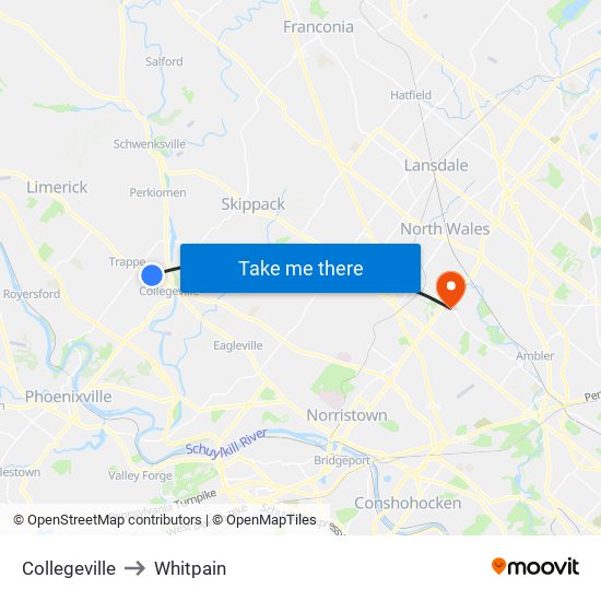 Collegeville to Whitpain map