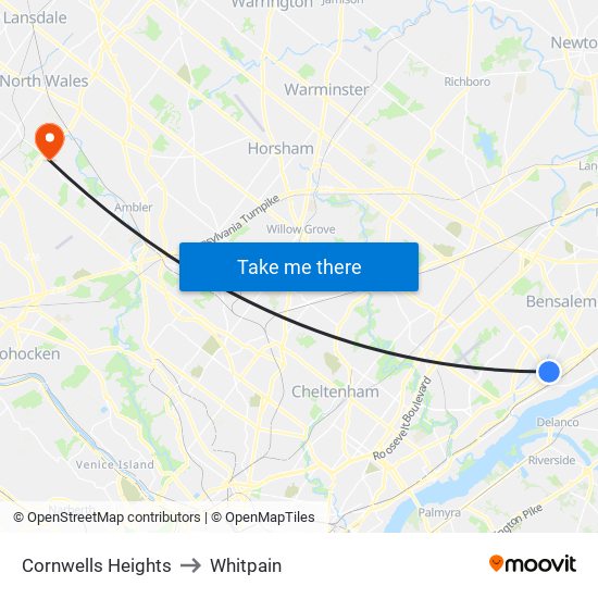 Cornwells Heights to Whitpain map