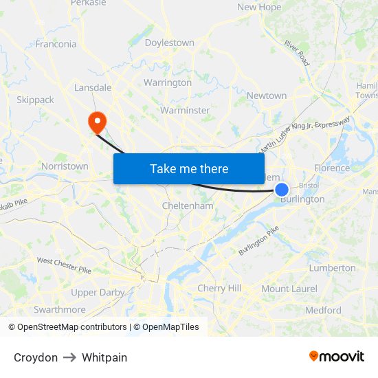 Croydon to Whitpain map