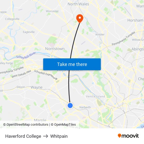 Haverford College to Whitpain map