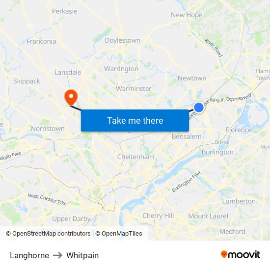 Langhorne to Whitpain map