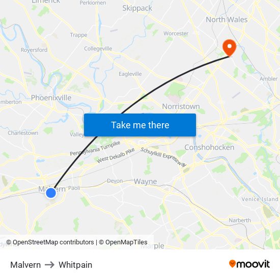 Malvern to Whitpain map