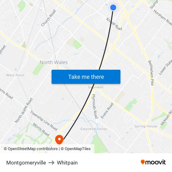 Montgomeryville to Whitpain map