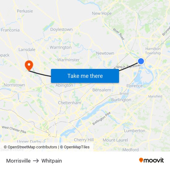 Morrisville to Whitpain map