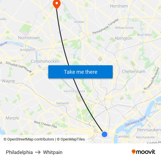Philadelphia to Whitpain map