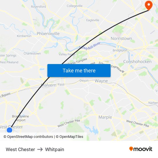 West Chester to Whitpain map