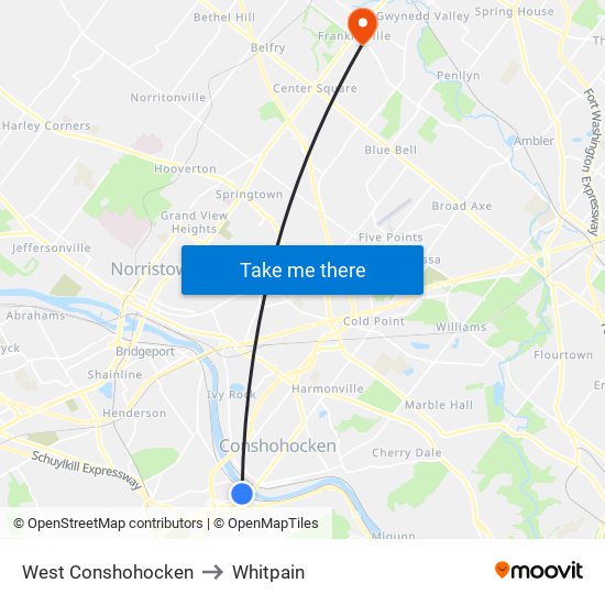 West Conshohocken to Whitpain map