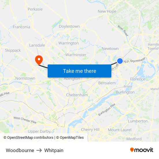 Woodbourne to Whitpain map
