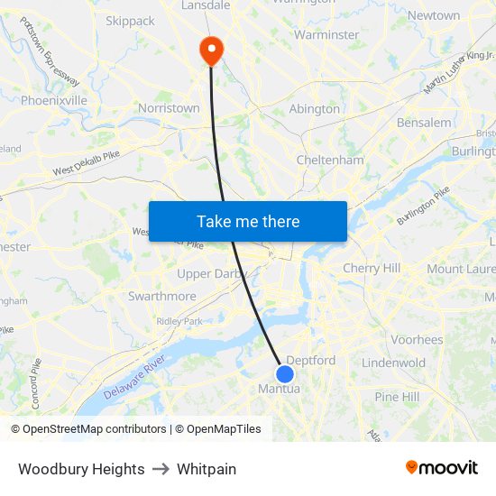Woodbury Heights to Whitpain map