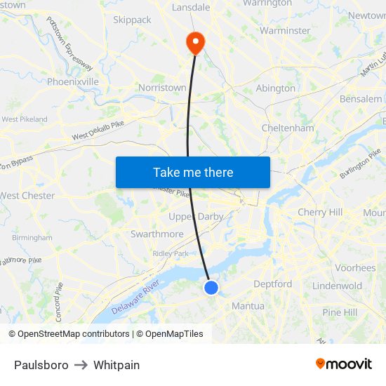 Paulsboro to Whitpain map